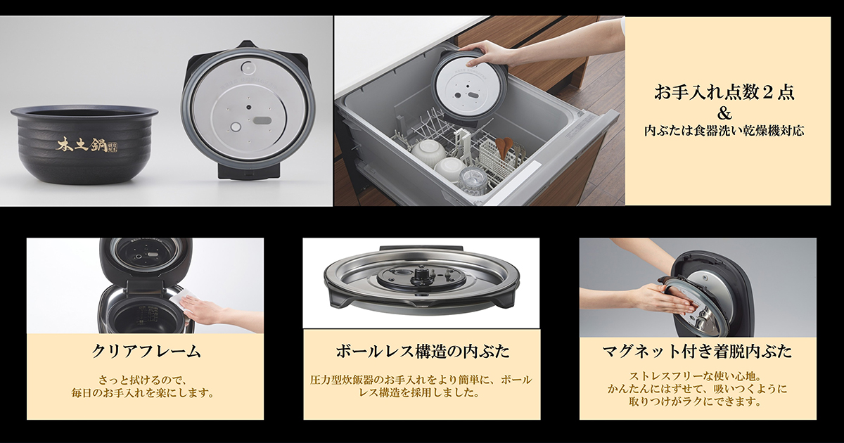 お手入れ点数2点&内蓋は食器洗い乾燥機対応 クリアフレーム　さっと拭けるので、毎日のお手入れを楽にします。　ボールレス構造の内ぶた　圧力型炊飯器のお手入れをより簡単に、ボールレス構造を採用しました。　マグネット付き着脱内ぶた　ストレスフリーな使い心地。簡単にはずせて、吸いつくように取り付けが楽にできます。