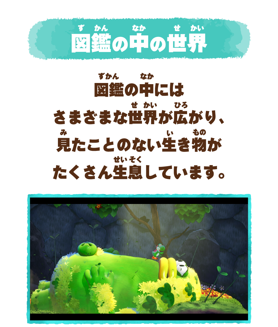 図鑑の中の世界 図鑑の中にはさまざまな世界が広がり、見たことのない生き物がたくさん生息しています。
