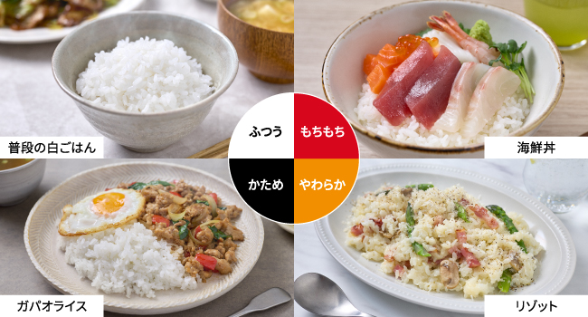 4つの食感炊き分け（ふつう・もちもち・かため・やわらか）と対応する料理例（普段の白ごはん、海鮮丼、ガパオライス、リゾット）。